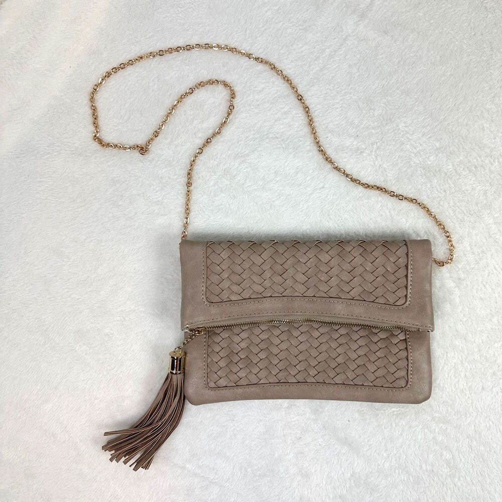 Urban Expressions Taupe Woven Foldover Crossbody Clutch Gold Chain Tassel Purse